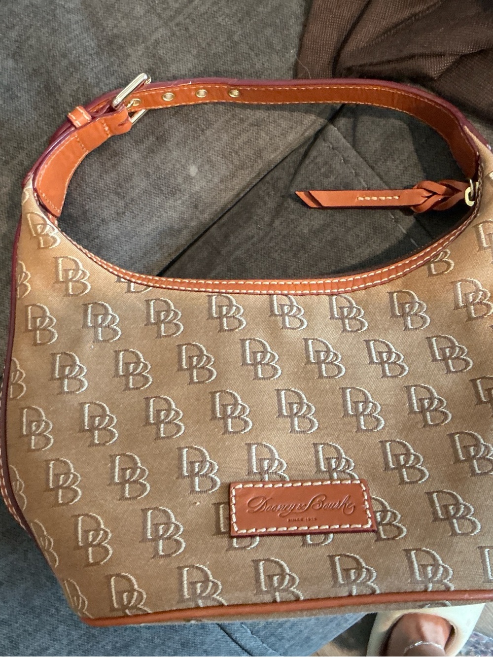 Dooney & Bourke Tan Monogram Shoulder Bag with Leather Trim